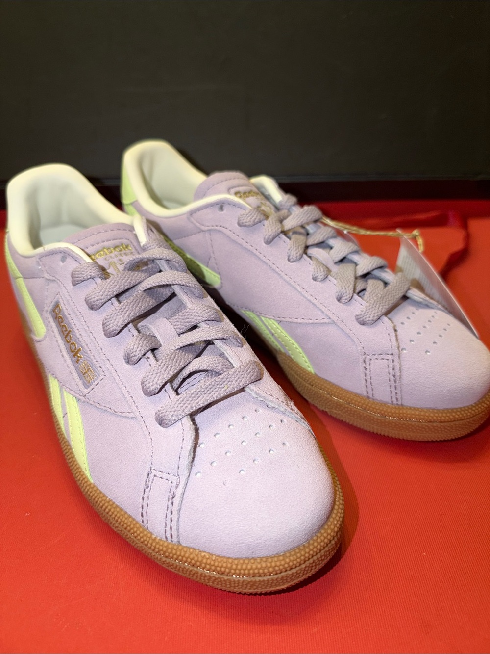 Reebok Club C Grounds UK Lavender Suede Sneakers with Lime Stripe and Gum Sole